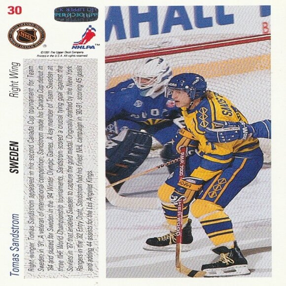 Tomas Sandstrom - Upper Deck Canada Cup 1991 Series Hockey Card - Card Number 30 - Picture 2 of 2